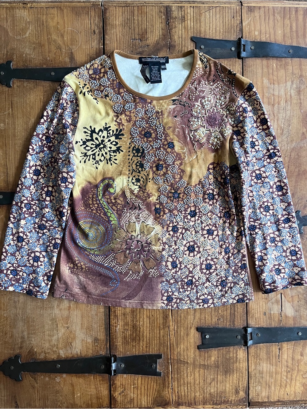Michelle Nicole Long-Sleeve Mixed Petite Print Top in Mustard and Brown